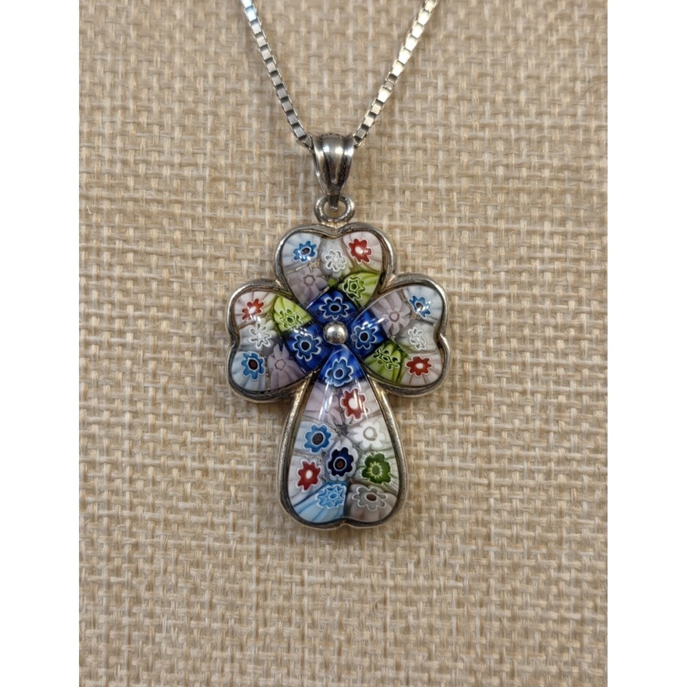 Vintage Millefiori Sterling Silver Cross Pendant 20" Sterling Box Chain Murano - Picture 3 of 7